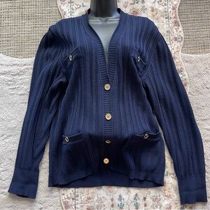 Celine Vintage Navy Ribbed Cardigan with Gold Buttons